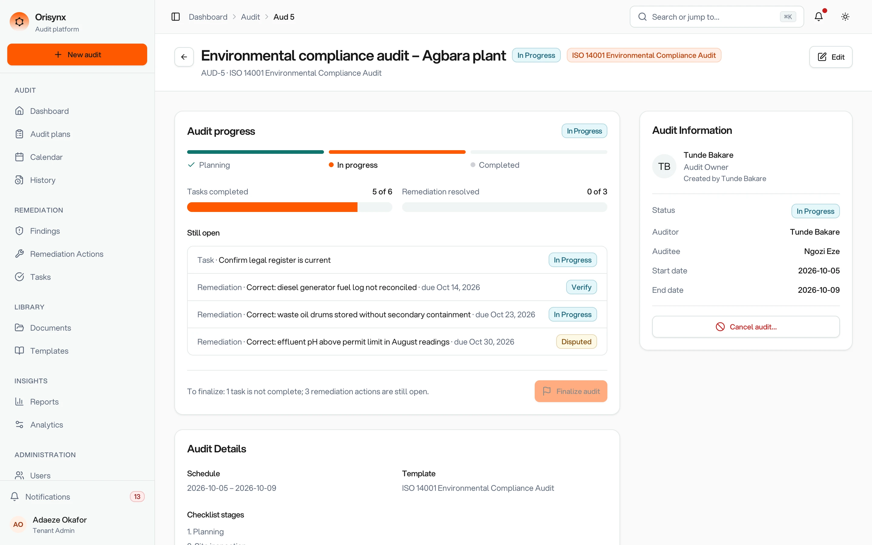 An Orisynx audit page showing test progress and open remediation actions, with fictional data