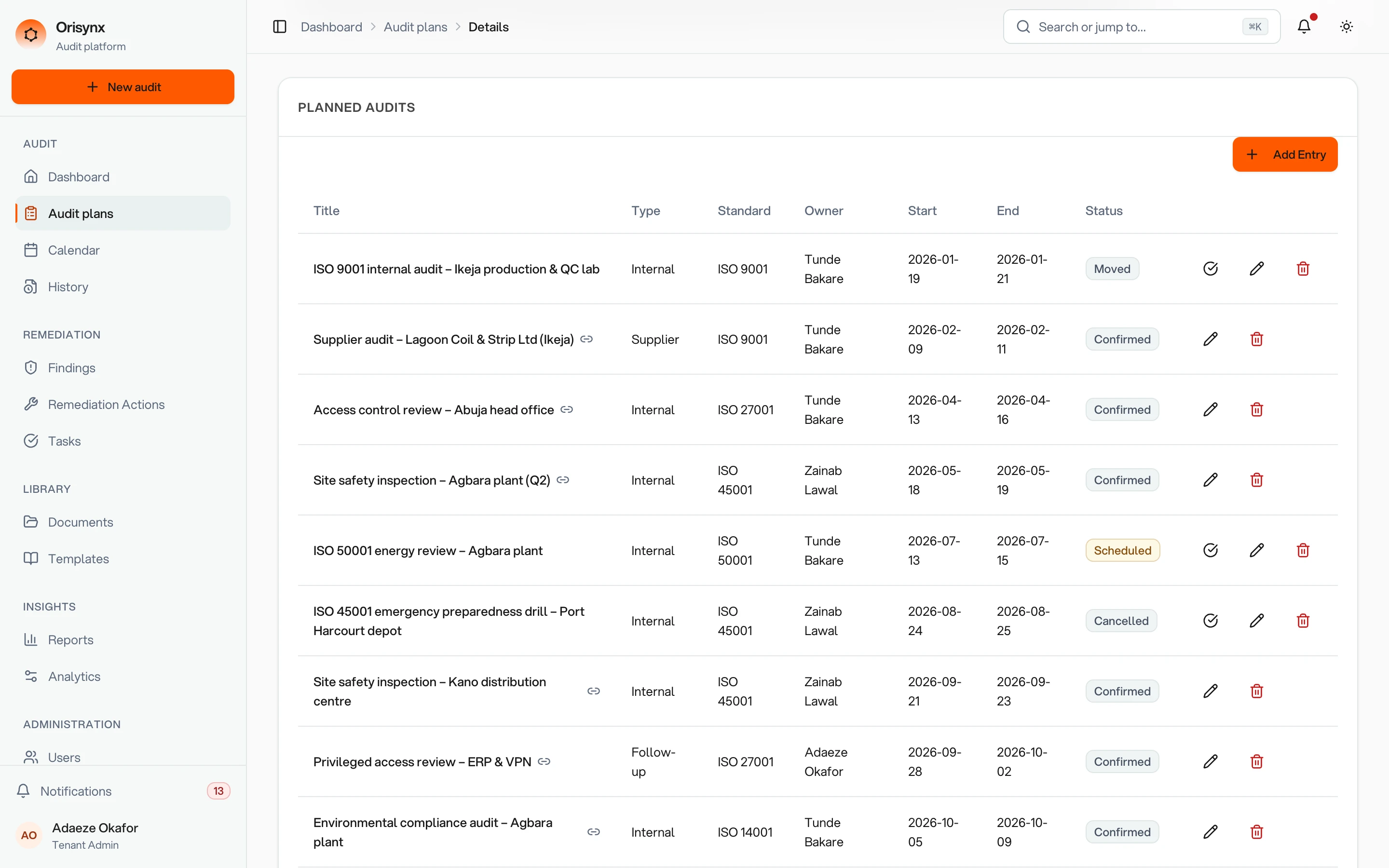 Orisynx audit plan screen with fictional sample data