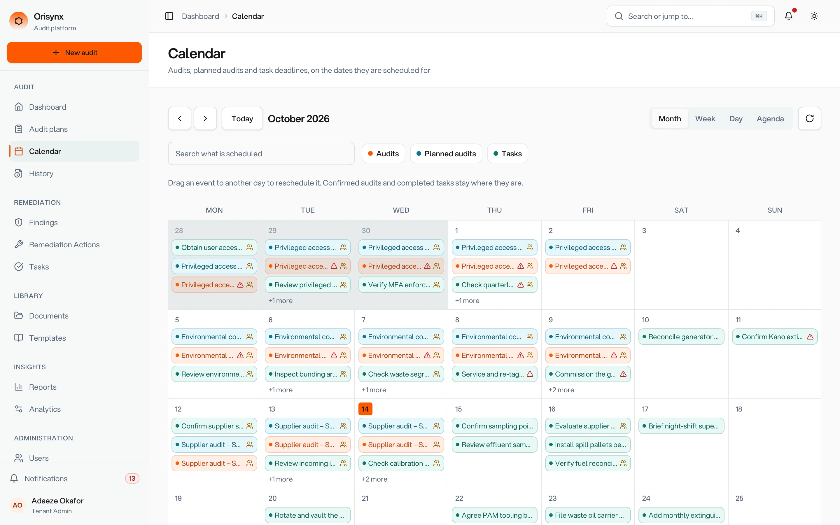 Orisynx calendar screen with fictional sample data